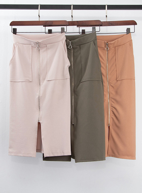 日单好货夏季时尚百搭纯色口袋拉链厚雪纺松紧腰包臀半身裙11518