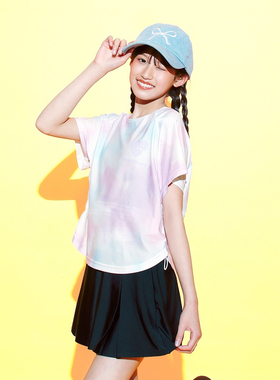 日单童装泳衣套装圆领云纹T恤+带胸垫背心+安全裤短裙三件套26859