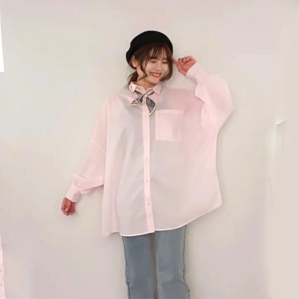 日单品牌春夏新款糖果色翻领系扣宽松大版透视衬衫防晒衣女29164