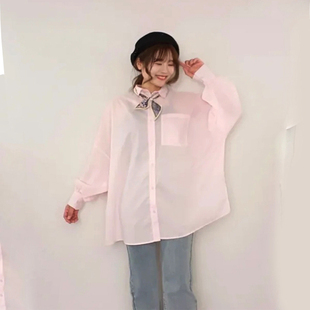 日单品牌春夏新款糖果色翻领系扣宽松大版透视衬衫防晒衣女29164