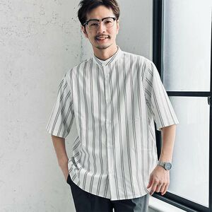 日单品牌春夏新款商务休闲百搭小圆领系扣宽条纹短袖衬衫男25643