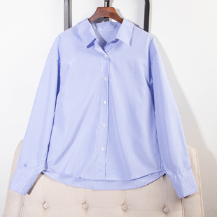 女31556 衬衫 日单春秋冬新款 休闲文艺气质百搭翻领系扣竖条纹长袖