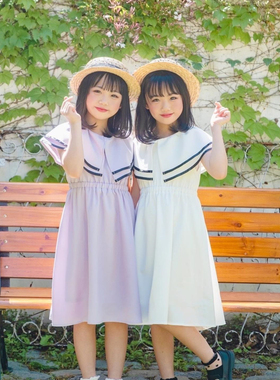 日单童装品牌夏季新款清新甜美双层镶边荷叶领松紧腰连衣裙26852