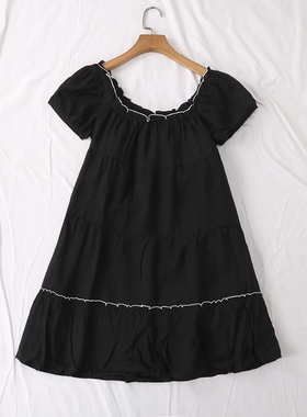日单夏季新款甜美减龄松紧一字领镶边短袖娃娃衫21805