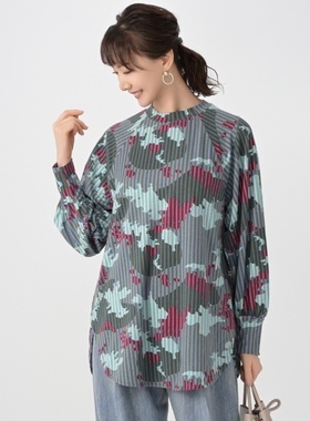 日单品牌春秋新款小中领印花收口长袖条纹印花长袖T恤打底衫28026