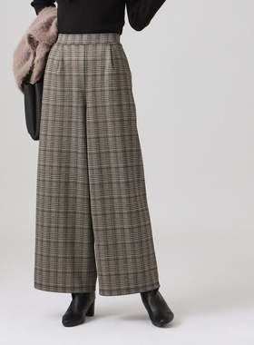 日单秋冬新款时尚简约百搭半松紧腰格子印花加绒休闲直筒裤31057