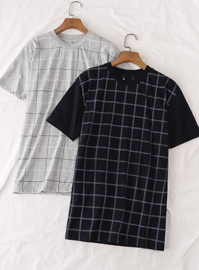 日单夏季新款男装休闲百搭舒适圆领格子印花宽松短袖T恤上衣19845