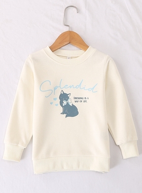 日单春秋新款童装简单时尚可爱纯色圆领小猫印花长袖卫衣25919