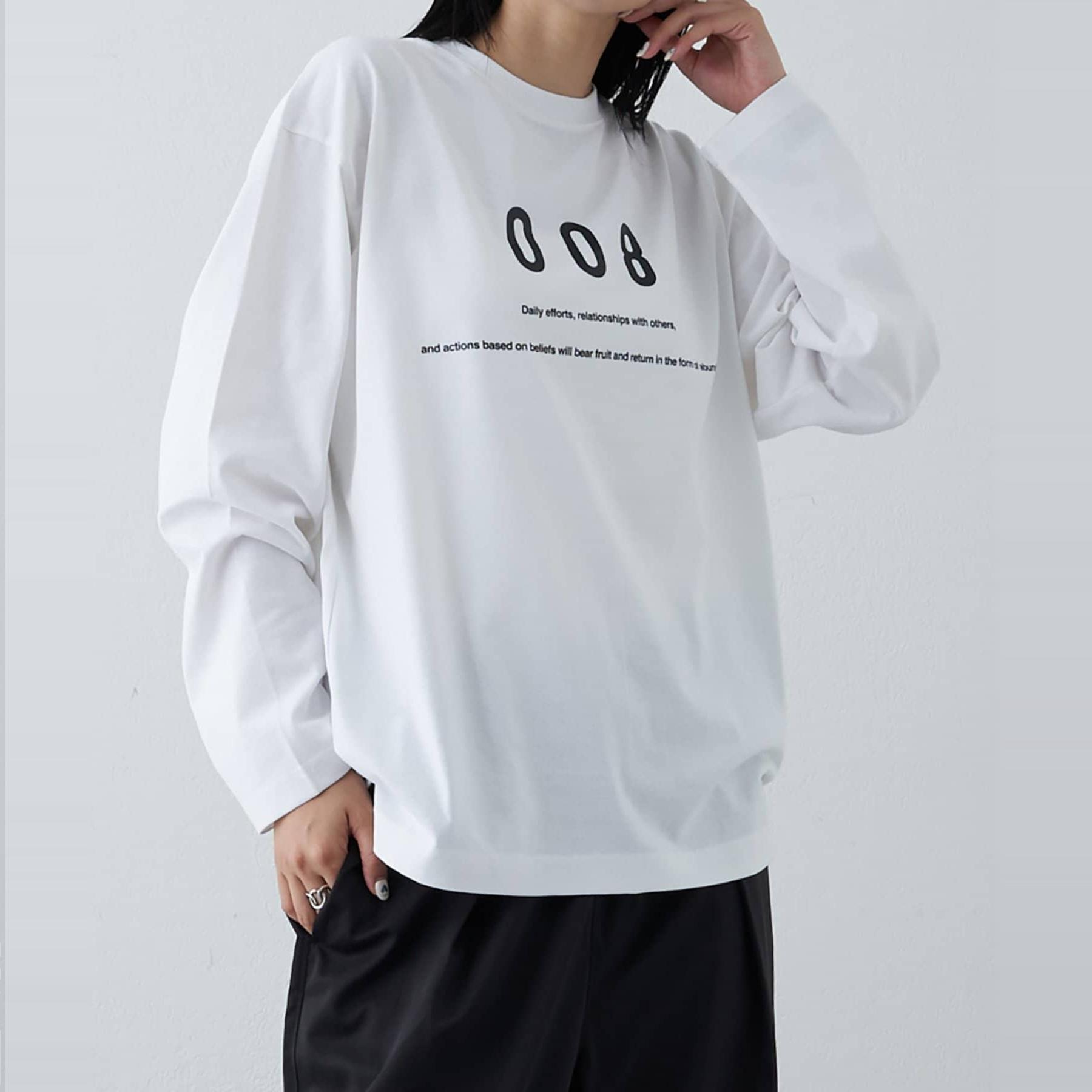 日单品牌春秋新款时尚简单休闲圆领印花侧开叉棉长袖T恤男女28618