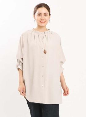 日单品牌春夏新款宽松大版百褶领系扣两穿堆堆袖中长款衬衫25727