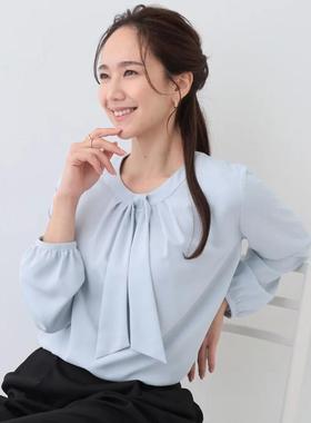 日单春夏气质OL百搭圆领后颈一粒扣飘带领装饰九分袖雪纺衫28806