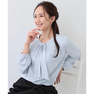 28806 雪纺衫 日单春夏气质OL百搭圆领后颈一粒扣飘带领装 饰九分袖