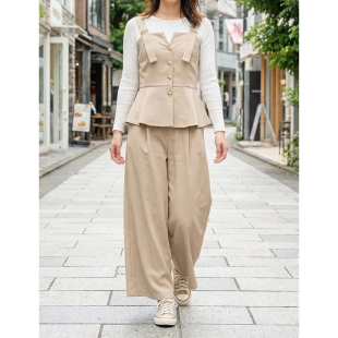 32070 休闲百搭可调肩带后背松紧连体背带裤 日单品牌秋冬新款 时尚