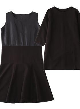 外贸春秋新款拼接背心裙+圆领后拉链七分袖上衣连衣裙套装19796