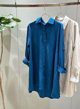 日单秋冬新款休闲凹凸颗粒感翻领系扣袖子可挽起宽松衬衫女24857