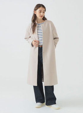 日单bmin*冬季新款简约洋气百搭圆领隐形按扣长袖毛呢大衣女32004