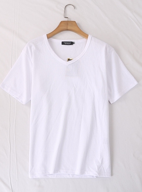 日单夏季新款简单大方休闲纯色杨柳褶皱鸡心领短袖T恤男女25881