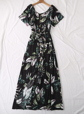 外贸单夏季新品时尚松紧圆领短袖系扣松紧腰腰带连衣裙长裙21631