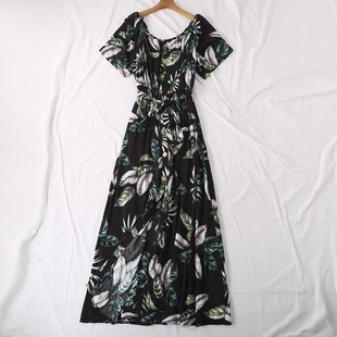 松紧圆领短袖 时尚 系扣松紧腰腰带连衣裙长裙21631 新品 外贸单夏季