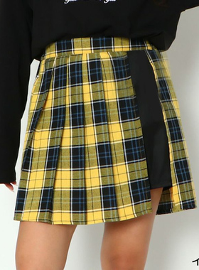 日单品牌春夏新款清新学院风松紧腰拼接格子半身裙带安全裤28491