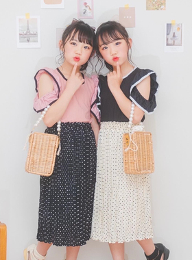 日单品牌夏新款童装百搭松紧腰百褶肌理感波点印花半身裙女26676