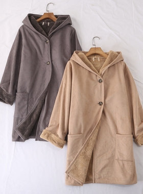 日单秋冬新款时尚百搭宽松大码系扣内里长绒麂皮绒连帽外套24150