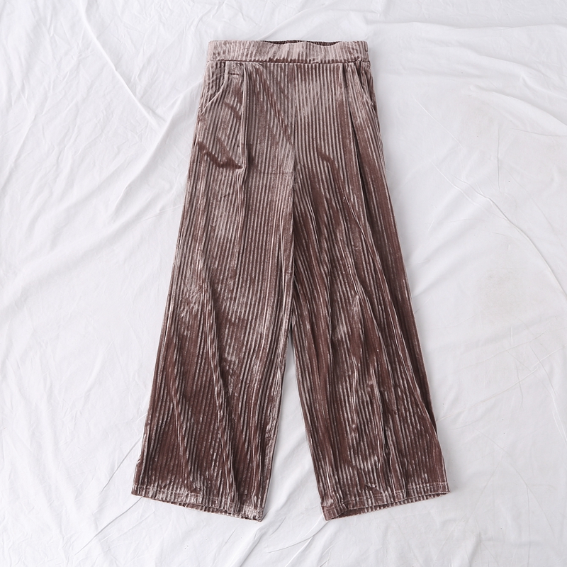 日单秋季新款简约显气质纯色垂感竖坑条金丝绒阔腿裤女裤