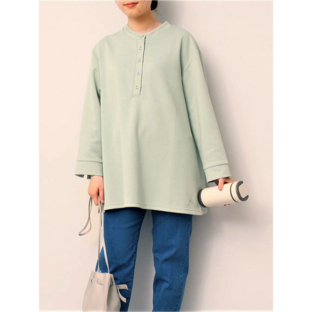 优雅领五扣套头开叉长袖T恤绒衫