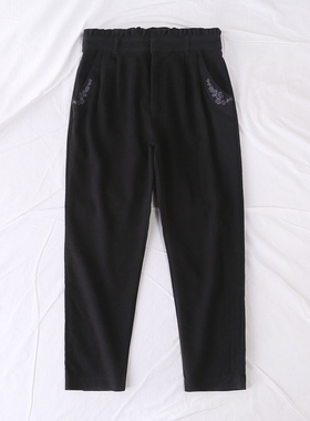 日单axes冬新花苞腰搭扣拉链口袋花朵刺绣呢子裤九分小脚裤17690