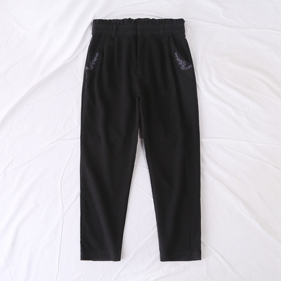 日单axes冬新花苞腰搭扣拉链口袋花朵刺绣呢子裤九分小脚裤17690