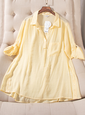 日单春夏新款简约百搭一粒扣翻领口袋纽扣袖子可卷起衬衫女29253