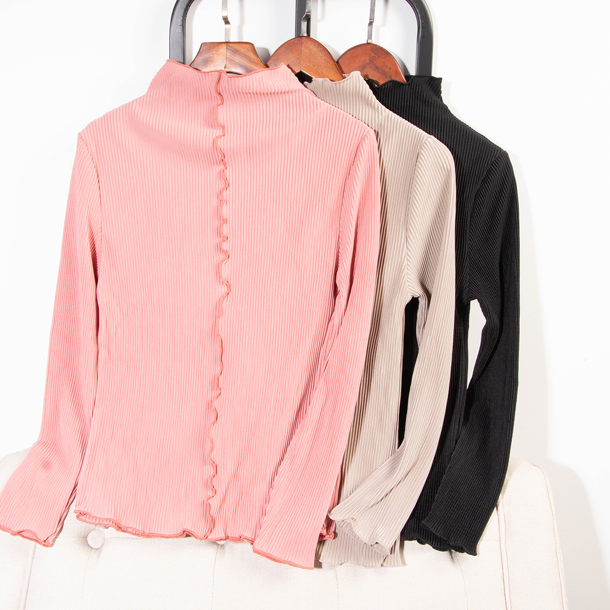 木耳边立领竖坑条长袖小衫打底衫