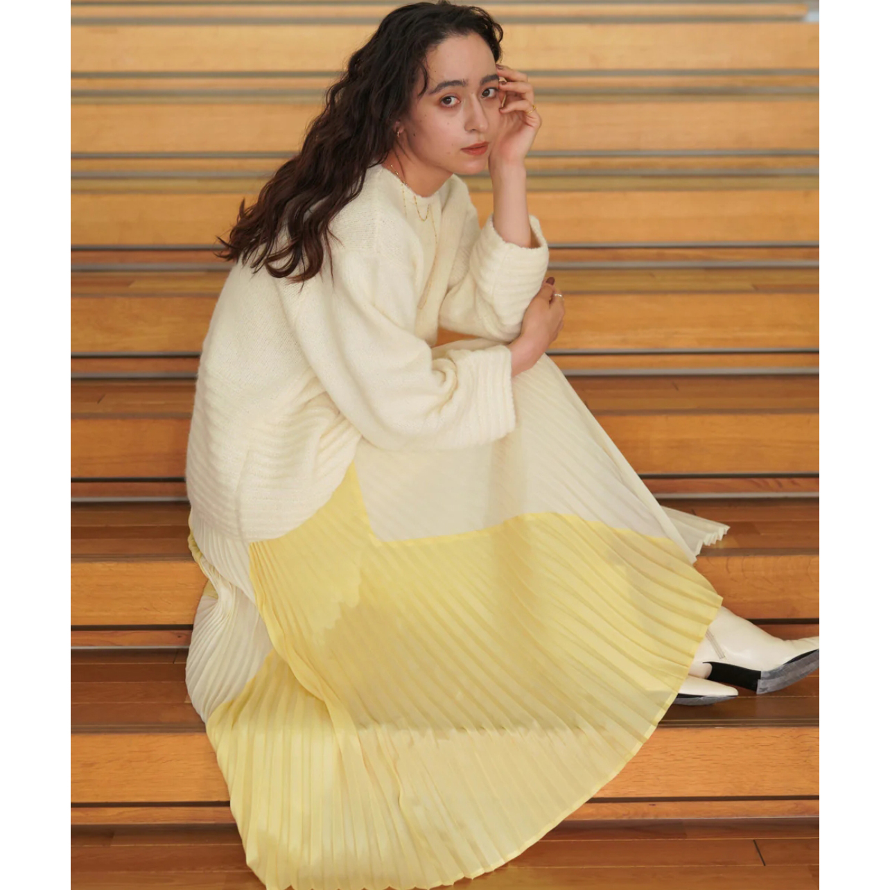 时尚拉链松紧腰拼色百褶半身裙