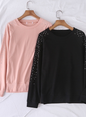 外贸春秋新款简单纯色长袖肩部不规则亮片圆领T恤打底衫上衣16046