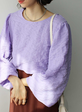 日单春秋新款甜美减龄圆领立体泡泡压花灯笼袖九分袖衬衫女31475