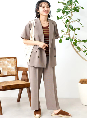 日单春秋新款时尚气质干练西装领双排扣卷边短袖外套+休闲裤31416