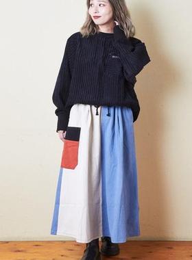 日单方*糖秋冬新款文艺百搭松紧腰棉拼色牛仔大裙摆半身裙28457