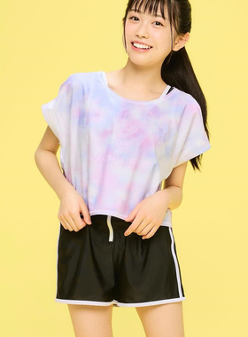 日单女童泳衣套装圆领扎染T恤+松紧腰背心+半拉链安全裤短裤30451