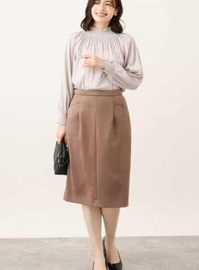 日单品牌秋冬新款时尚松紧腰拉链后开叉麂皮绒半身裙过膝裙27770