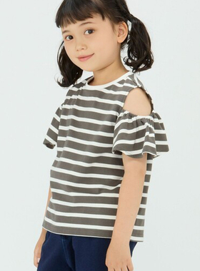 日单童装品牌夏季新款清新甜美百搭圆领露肩条纹短袖T恤上衣26869