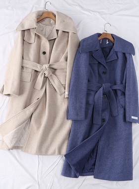 秋冬新款韩版优雅翻领系扣收腰腰带后开叉毛呢夹棉厚大衣女18214