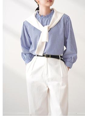 日单品牌春秋新款清新气质百搭木耳边立领后一粒扣条纹衬衫27235