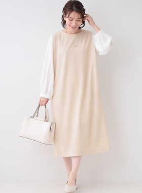 日单春秋新款时尚优雅知性百搭圆领一粒扣拼接长袖连衣裙女30834