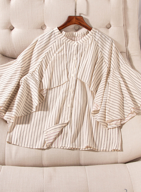 日单夏季新款清新休闲圆领披肩式荷叶边短袖棉条纹衬衫女30367