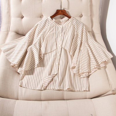 披肩式荷叶边短袖纯棉条纹衬衫