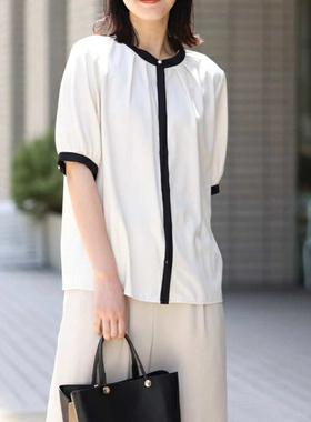 日单品牌春夏新款简约气质干练拼色前襟一粒扣短袖衬衫上衣30547
