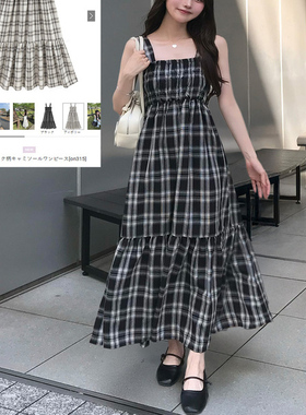 日单品牌gr*夏季新款甜美森系文艺可脱卸两穿格子背带连衣裙30644