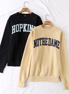 日系秋冬新款休闲百搭年轻活力圆领字母贴布加绒长袖卫衣女20479