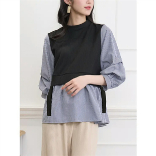 日单秋季新款甜美气质翻领针织马甲拼接收腰条纹长袖衬衫女29903