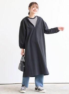 日单春夏新款时尚学院风百搭休闲纯色半拉链连帽卫衣连衣裙26244